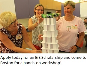 three teachers build a tower at an EiE professional development workshop.