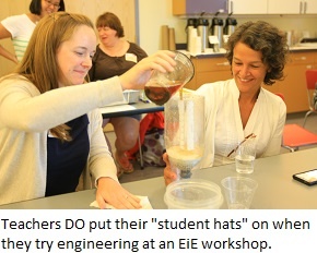 Two teachers test a water filter they engineered at an EiE professional development workshop.